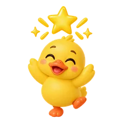 Crouton the duck celebrating under a gold star