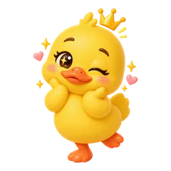 Crouton the duck winking under a tiny crown