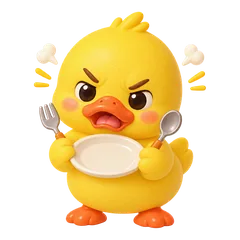 Crouton the duck holding an empty plate