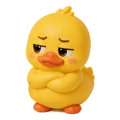 Crouton the duck giving side-eye, arms folded