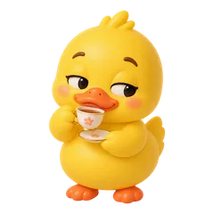 Crouton the duck sipping from a teacup